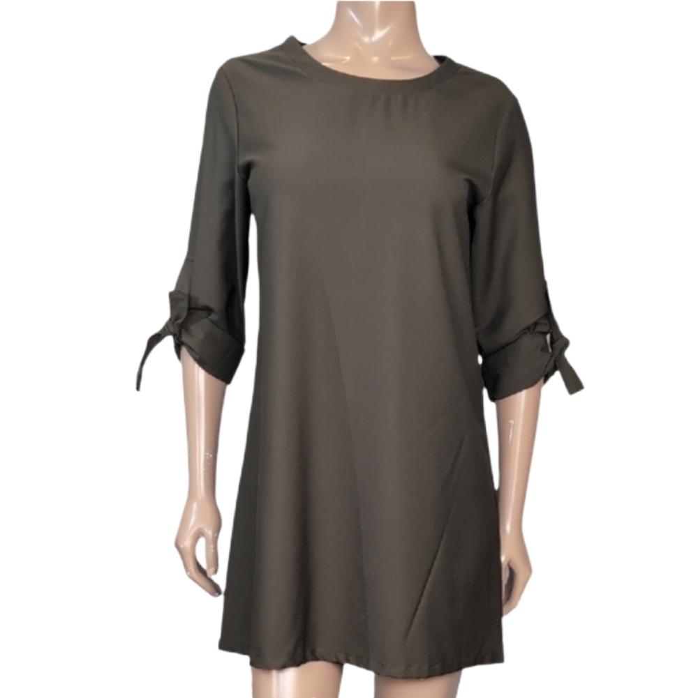 Yoins Tunic Shirt Dress Tie Sleeve Mini Shift Fall Olive Green Womens Medium